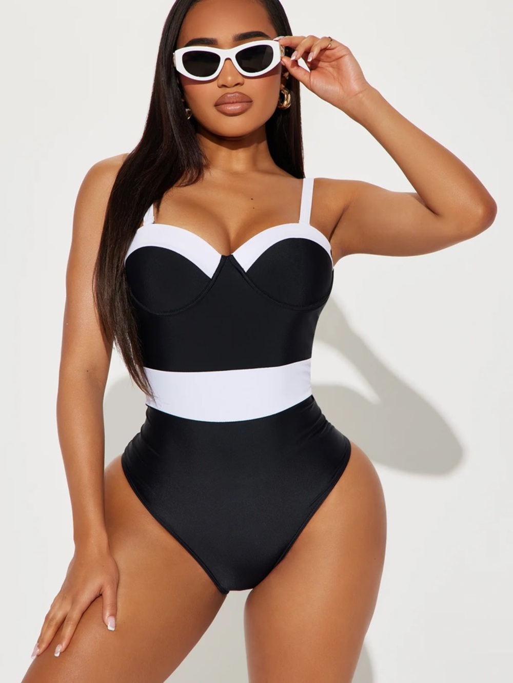 Fashion Nova Black & White Vintage Colorblock One-Piece Swimsuit